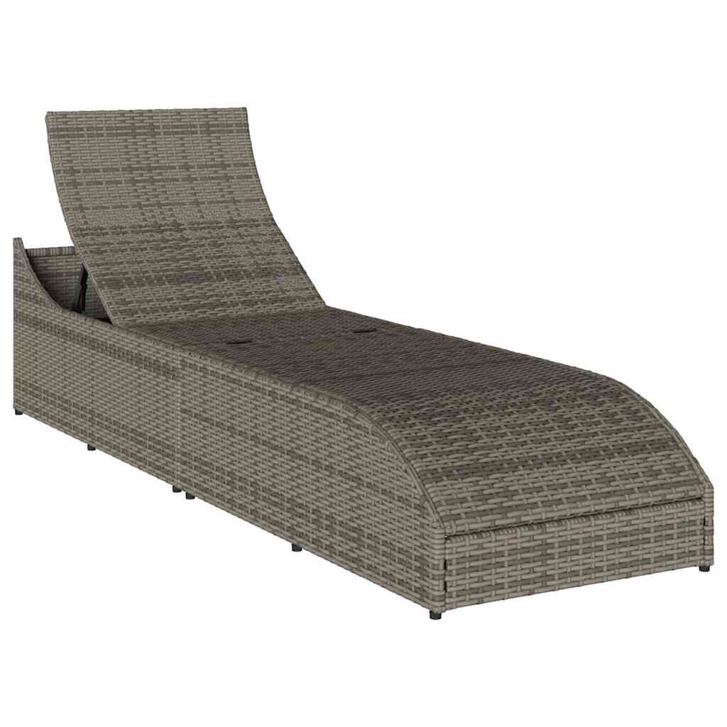 vidaXL Folding Sun Lounger with Cushion and Storage Grey Poly Rattan