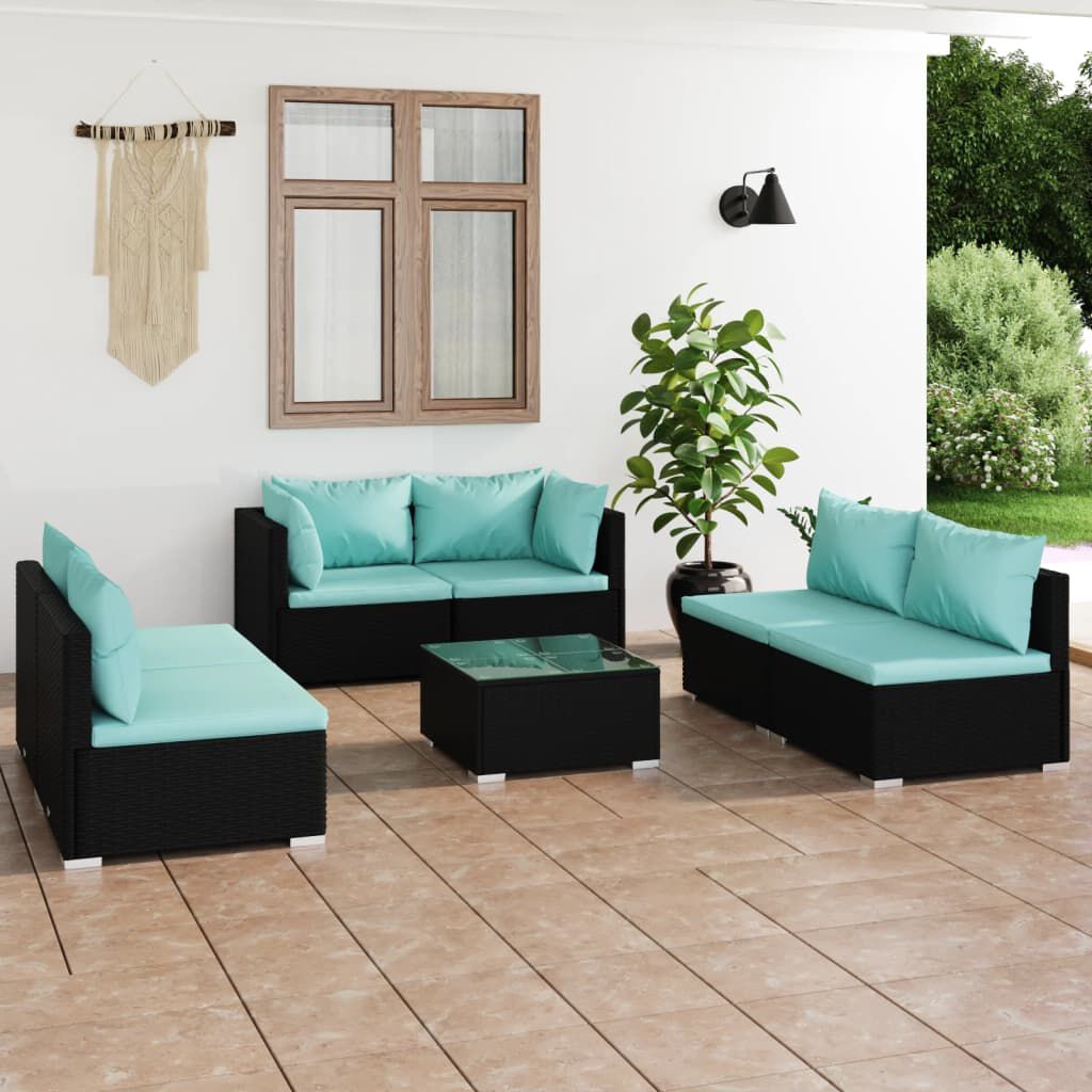 vidaXL 7 Piece Garden Lounge Set with Cushions Poly Rattan Black