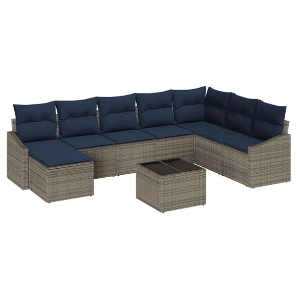 vidaXL Sofa Set with Cushion 9 pcs Grey Poly Rattan