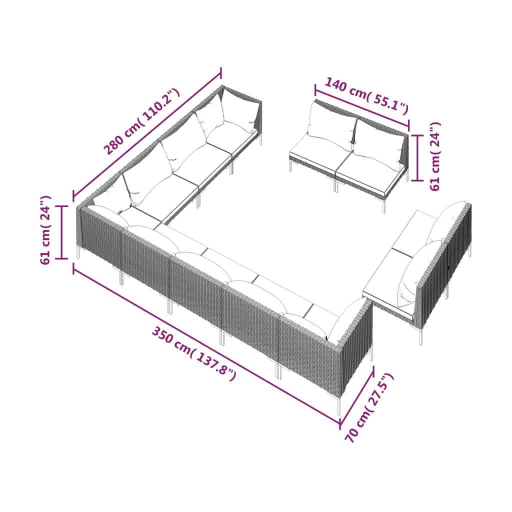 vidaXL 12 Piece Garden Lounge Set with Cushions Poly Rattan Dark Grey
