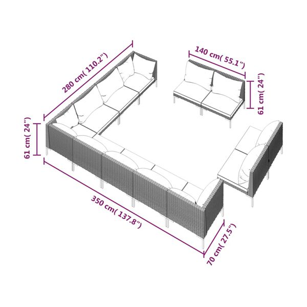 vidaXL 12 Piece Garden Lounge Set with Cushions Poly Rattan Dark Grey