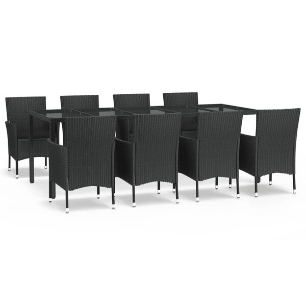 vidaXL 9 Piece Garden Dining Set with Cushions Black Poly Rattan