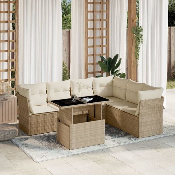 vidaXL 7 Piece Garden Sofa Set with Cushions Beige Poly Rattan