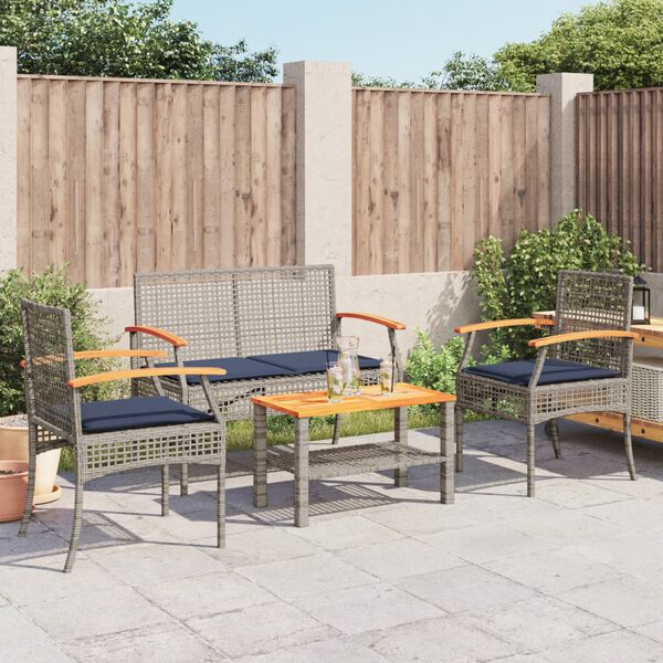 vidaXL 4 Piece Garden Lounge Set with Cushions Grey Poly Rattan