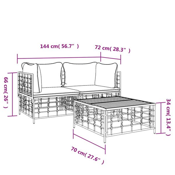 vidaXL 3 Piece Garden Lounge Set with Cushions Anthracite Poly Rattan