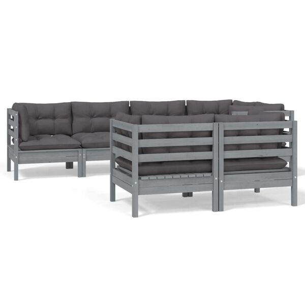 vidaXL 7 Piece Garden Lounge Set with Grey Cushions Solid Pinewood