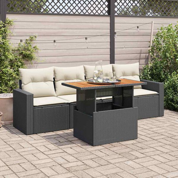 vidaXL 5 Piece Garden Sofa Set with Cushions Black Poly Rattan