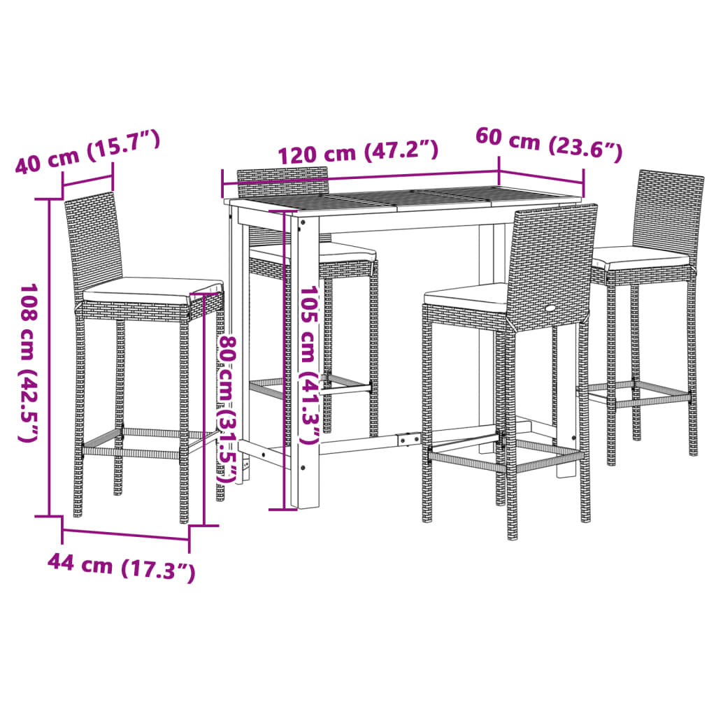 vidaXL 5 Piece Garden Bar Set Black Solid Wood Acacia and Poly Rattan