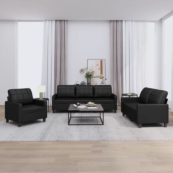 vidaXL 3 Piece Sofa Set with Cushions Black Faux Leather