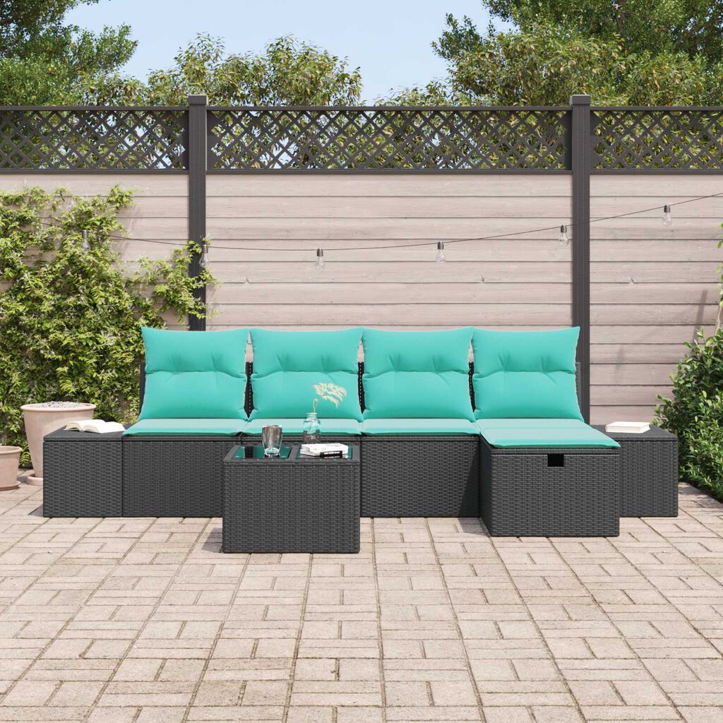 vidaXL 6 Piece Garden Sofa Set with Cushions Black Poly Rattan