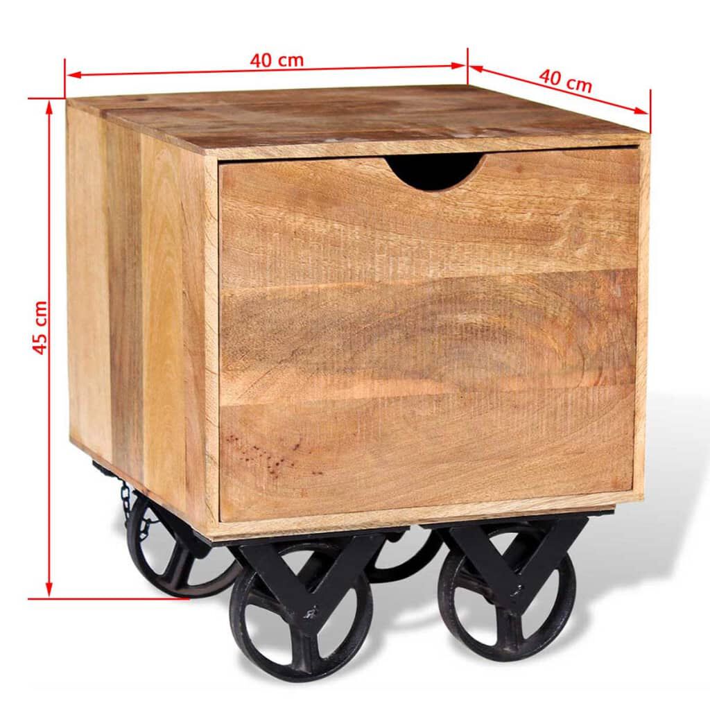 vidaXL Side Table with Drawer Wheels Mango Wood 40x40x45 cm