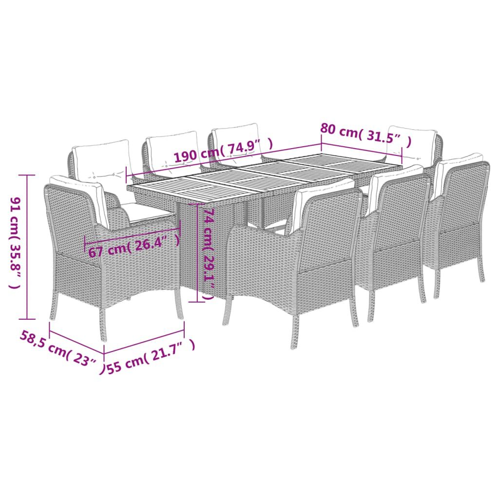 vidaXL 9 Piece Garden Dining Set with Cushions Grey Poly Rattan