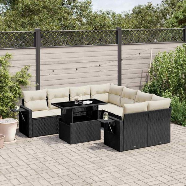 vidaXL 9 Piece Garden Sofa Set with Cushions Black Poly Rattan