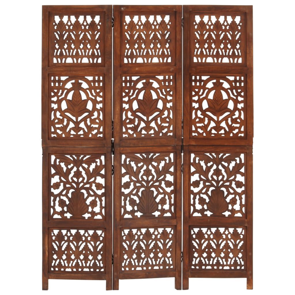 vidaXL Hand Carved 3-Panel Room Divider Brown 120x165 cm Solid Mango Wood