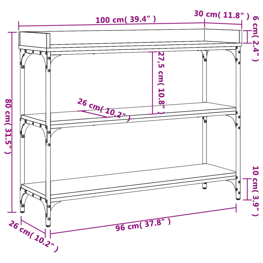 vidaXL Console Table with Shelves Black 100x30x80 cm