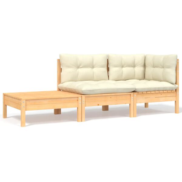 vidaXL 3 Piece Garden Lounge Set with Cream Cushions Solid Pinewood