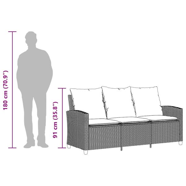 vidaXL Garden Sofa 3-Seater with Cushions&Table Grey Poly Rattan