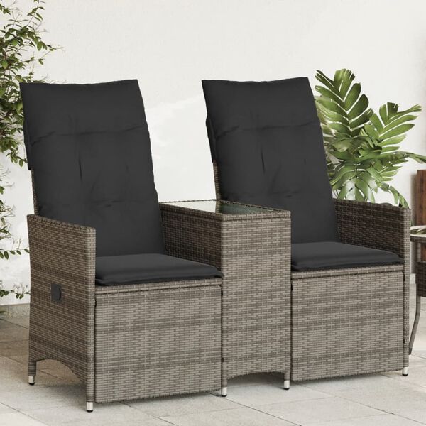 vidaXL Reclining Garden Sofa 2-Seater with Table Grey Poly Rattan