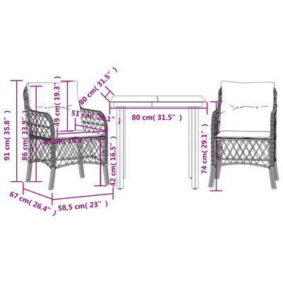 vidaXL 3 Piece Bistro Set with Cushions Beige Poly Rattan