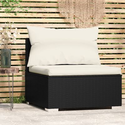 vidaXL Garden Middle Sofa with Cushions Black Poly Rattan