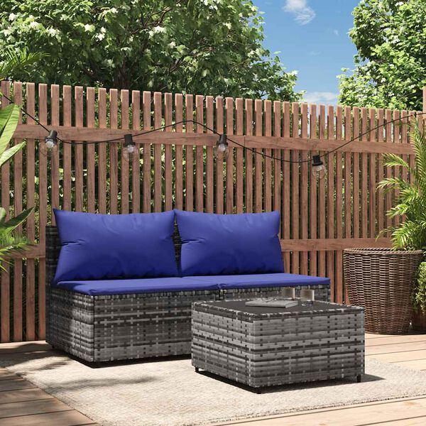vidaXL 3 Piece Garden Lounge Set with Cushions Grey Poly Rattan