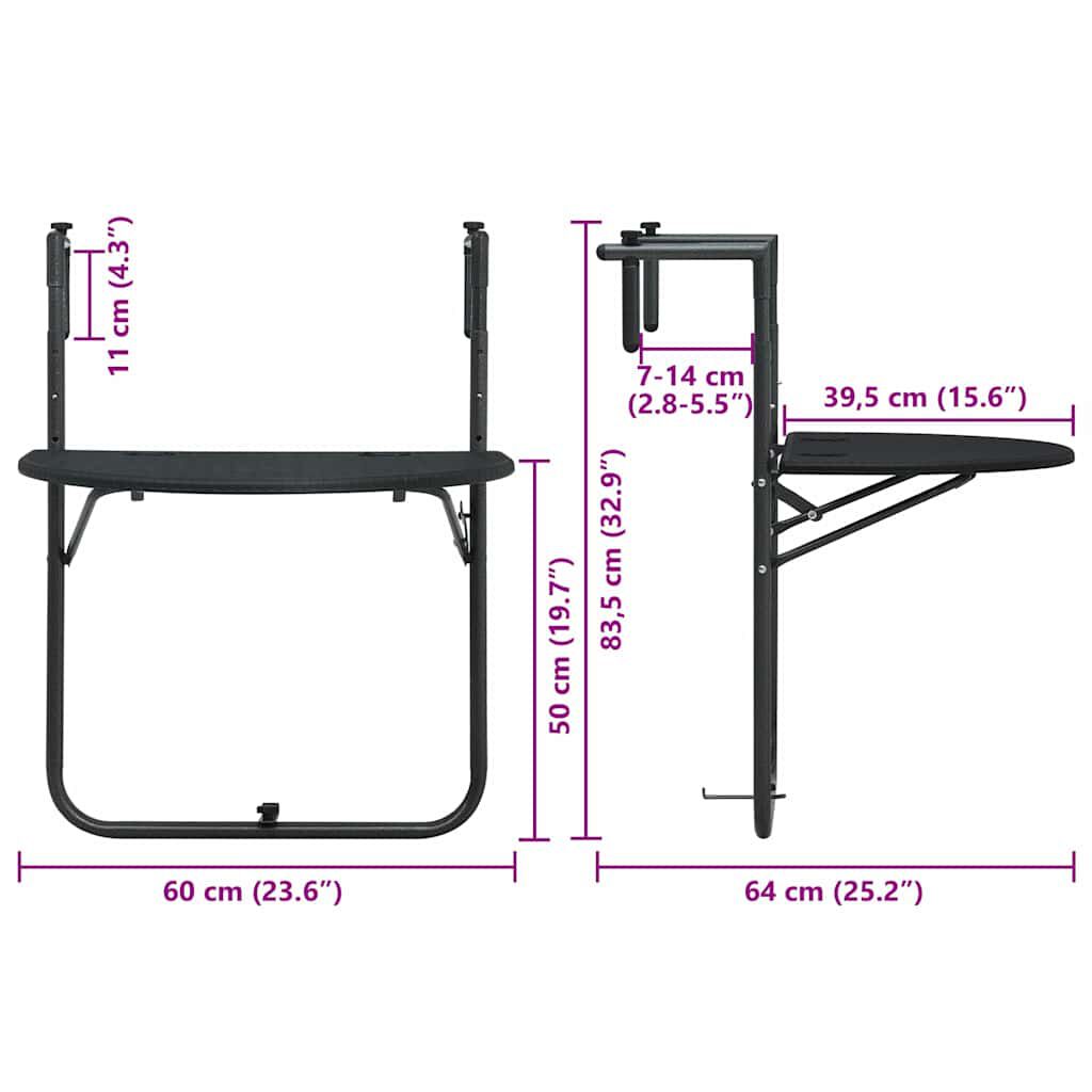 vidaXL Hanging Balcony Table Black 60x64x83.5 cm Plastic Rattan Look