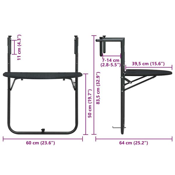 vidaXL Hanging Balcony Table Black 60x64x83.5 cm Plastic Rattan Look