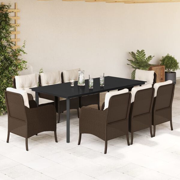vidaXL 9 Piece Garden Dining Set with Cushions Brown Poly Rattan