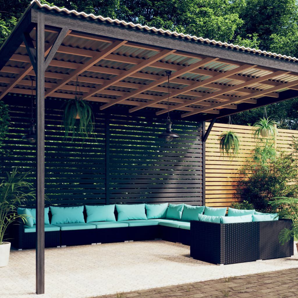 vidaXL 10 Piece Garden Lounge Set with Cushions Poly Rattan Black