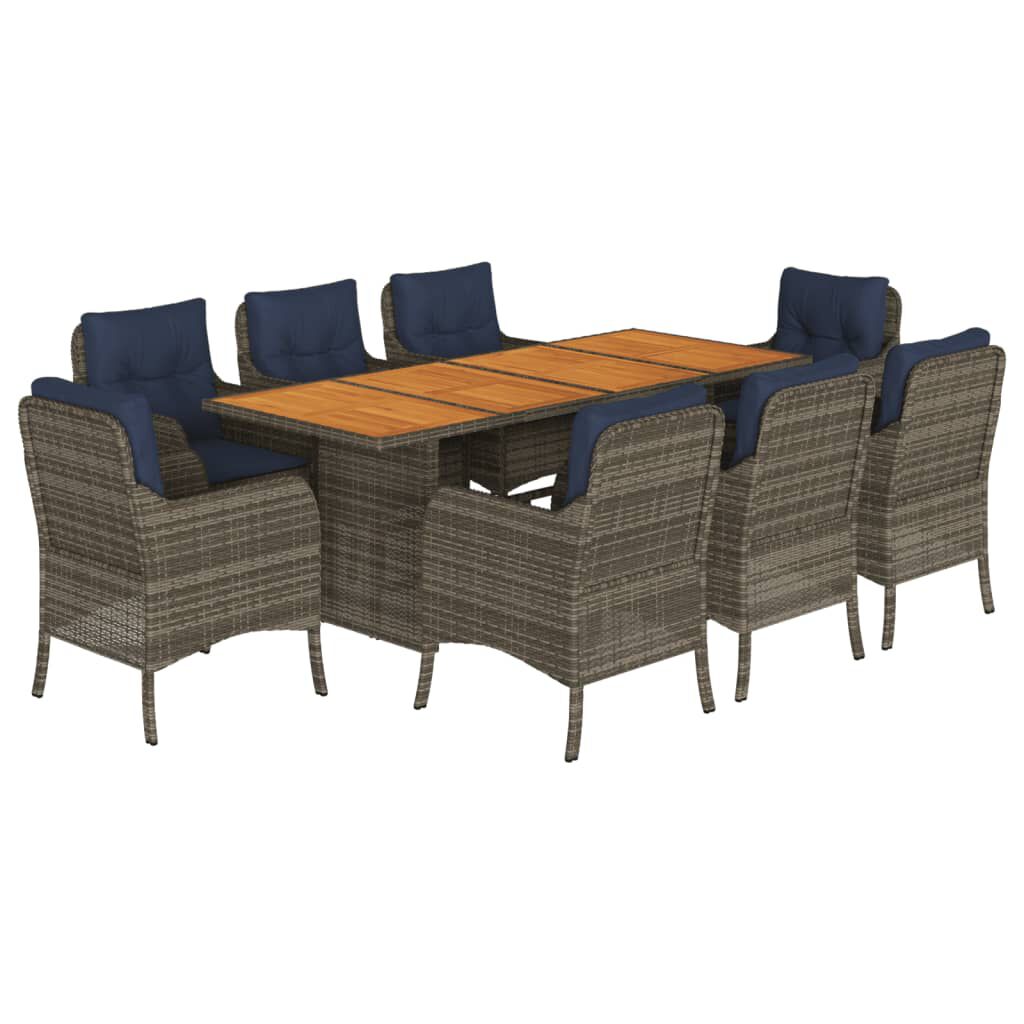 vidaXL 9 Piece Garden Dining Set with Cushions Grey Poly Rattan