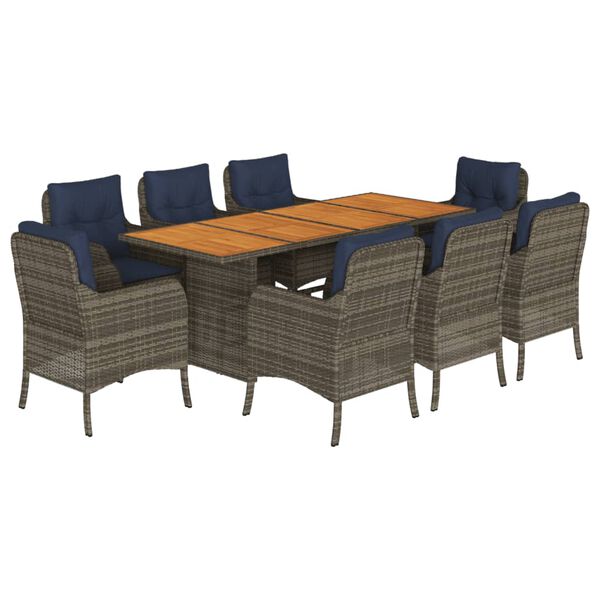 vidaXL 9 Piece Garden Dining Set with Cushions Grey Poly Rattan
