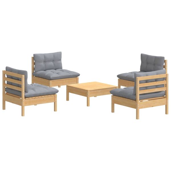 vidaXL 5 Piece Garden Lounge Set with Grey Cushions Pinewood