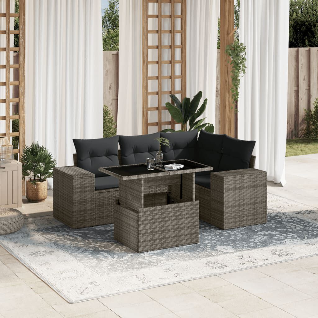vidaXL 5 Piece Garden Sofa Set with Cushions Grey Poly Rattan