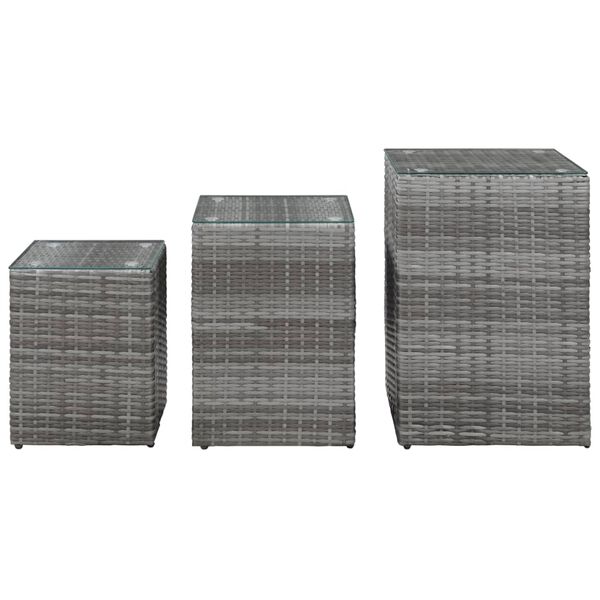 vidaXL Side Tables 3 pcs with Glass Top Grey Poly Rattan