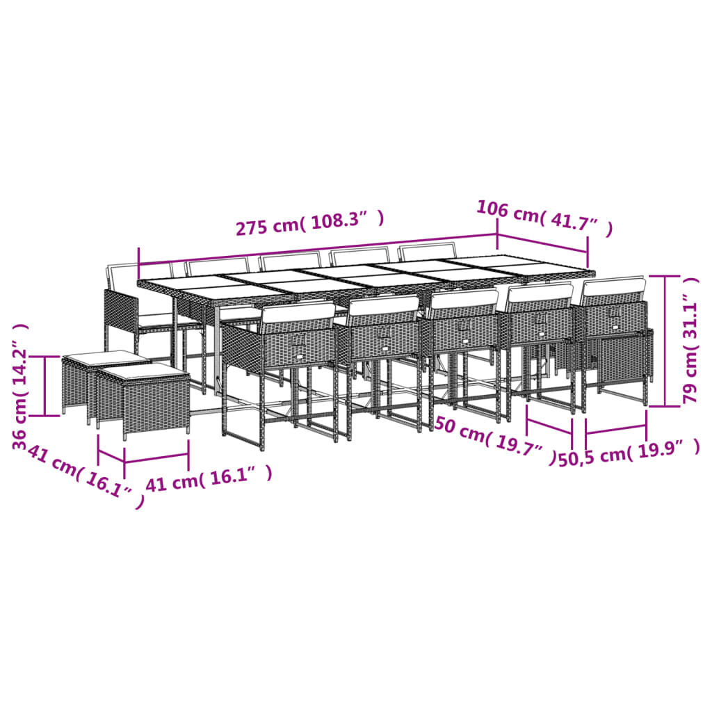 vidaXL 15 Piece Garden Dining Set with Cushions Grey Poly Rattan