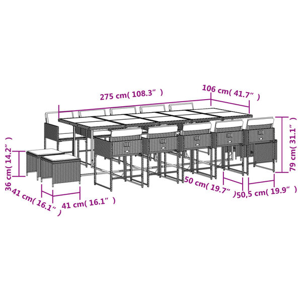 vidaXL 15 Piece Garden Dining Set with Cushions Grey Poly Rattan
