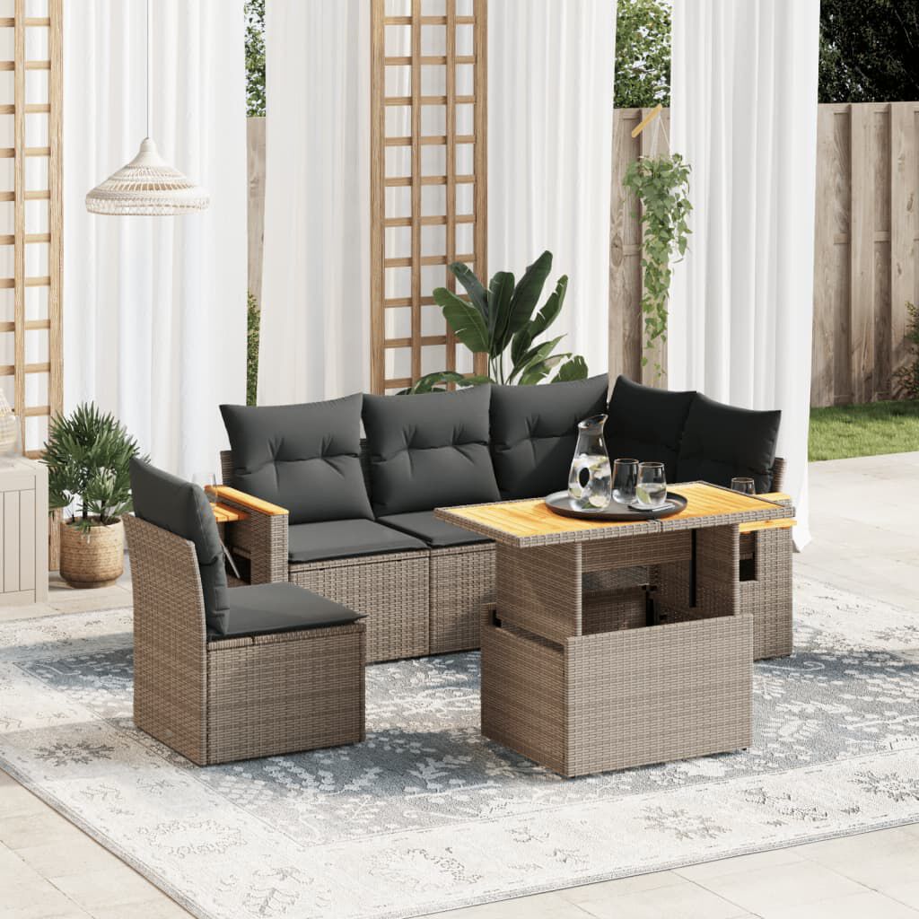 vidaXL 6 Piece Garden Sofa Set with Cushions Grey Poly Rattan