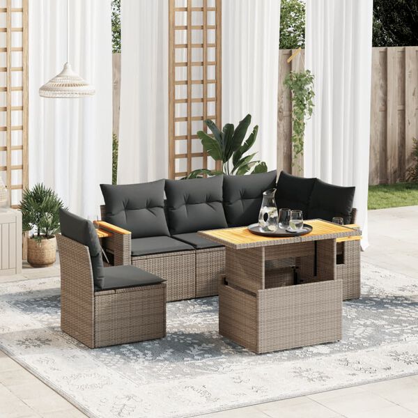 vidaXL 6 Piece Garden Sofa Set with Cushions Grey Poly Rattan