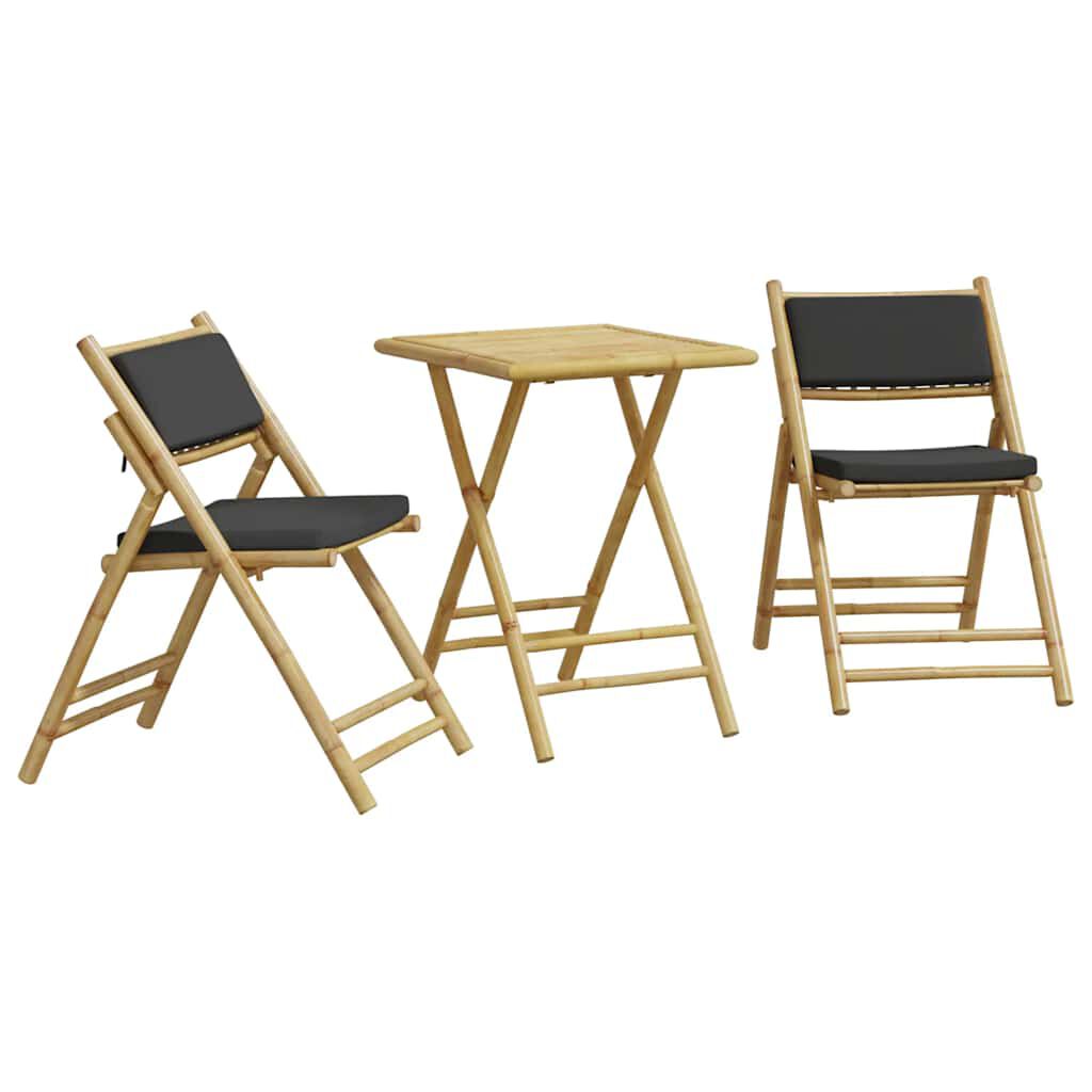 vidaXL 3 Piece Folding Bistro set with Dark Grey Cushions Bamboo