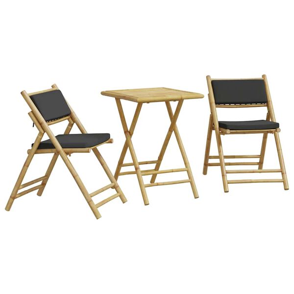 vidaXL 3 Piece Folding Bistro set with Dark Grey Cushions Bamboo