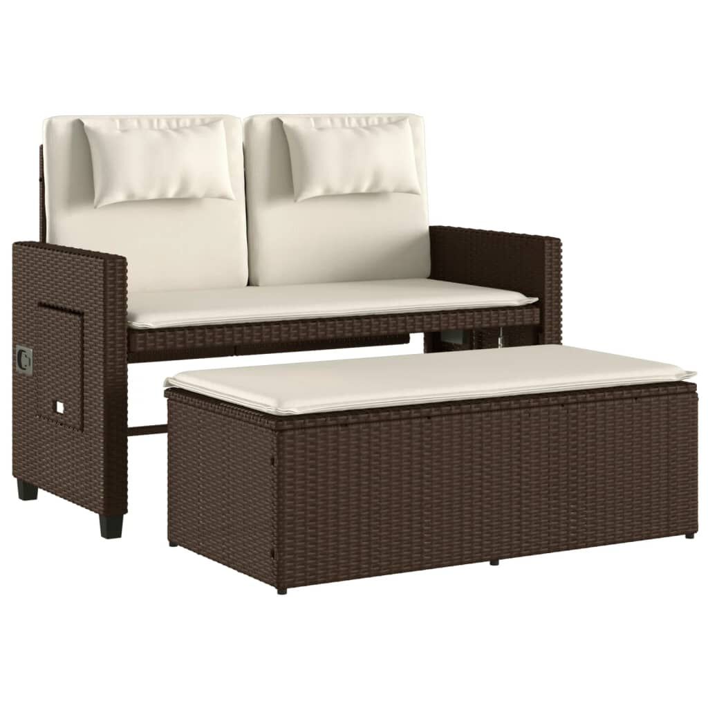 vidaXL Reclining Garden Bench with Cushions Brown Poly Rattan