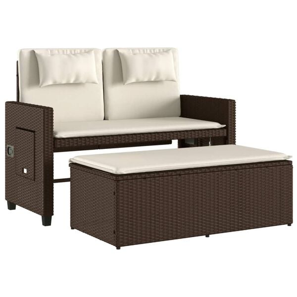 vidaXL Reclining Garden Bench with Cushions Brown Poly Rattan
