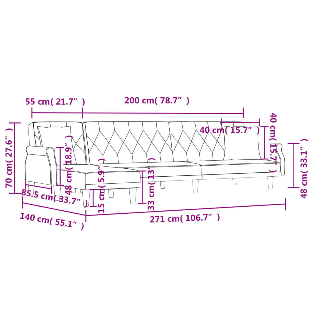 vidaXL L-shaped Sofa Bed Dark Grey 271x140x70 cm Velvet
