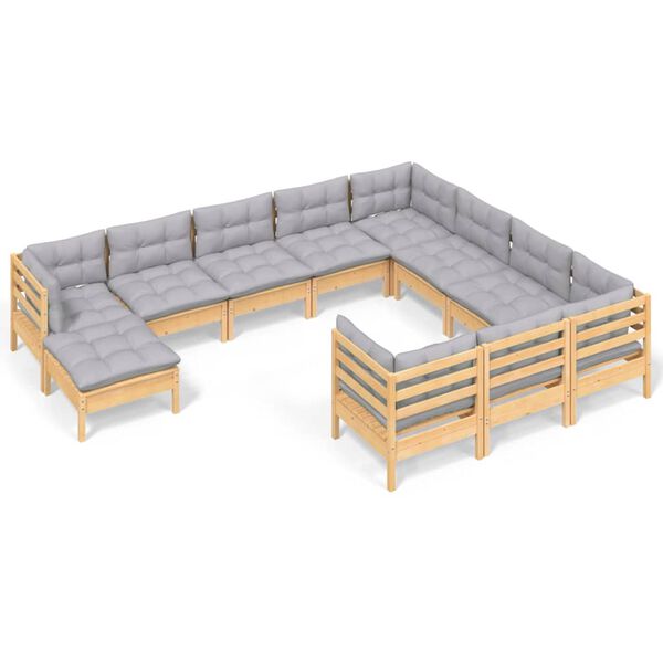 vidaXL 11 Piece Garden Lounge Set with Grey Cushions Pinewood