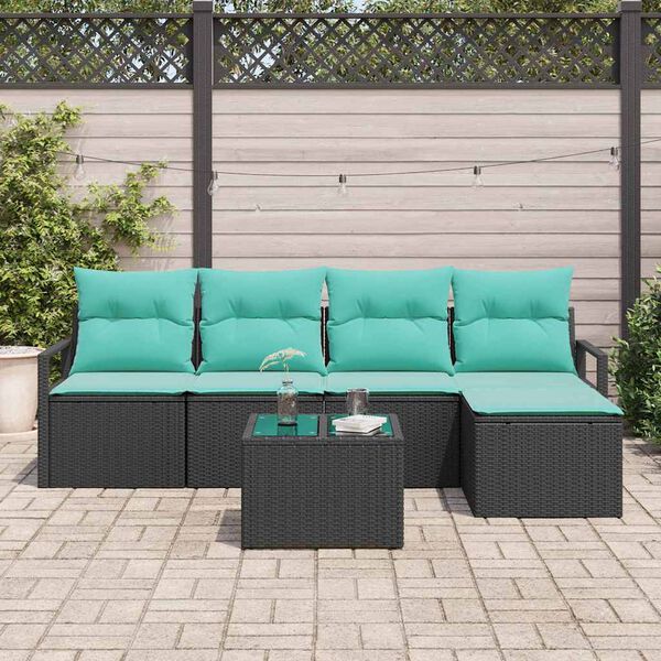 vidaXL Sofa Set with Cushion 6 pcs Black and Turquoise Poly Rattan