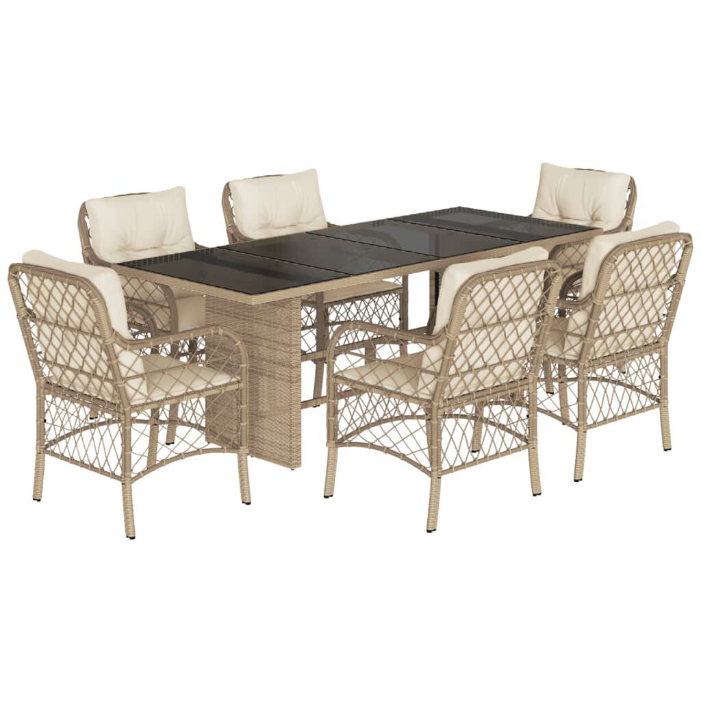 vidaXL 7 Piece Garden Dining Set with Cushions Beige Poly Rattan