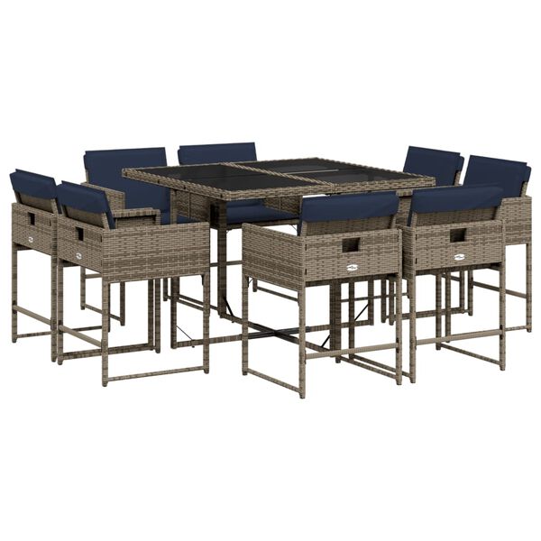 vidaXL 9 Piece Garden Dining Set with Cushions Grey Poly Rattan