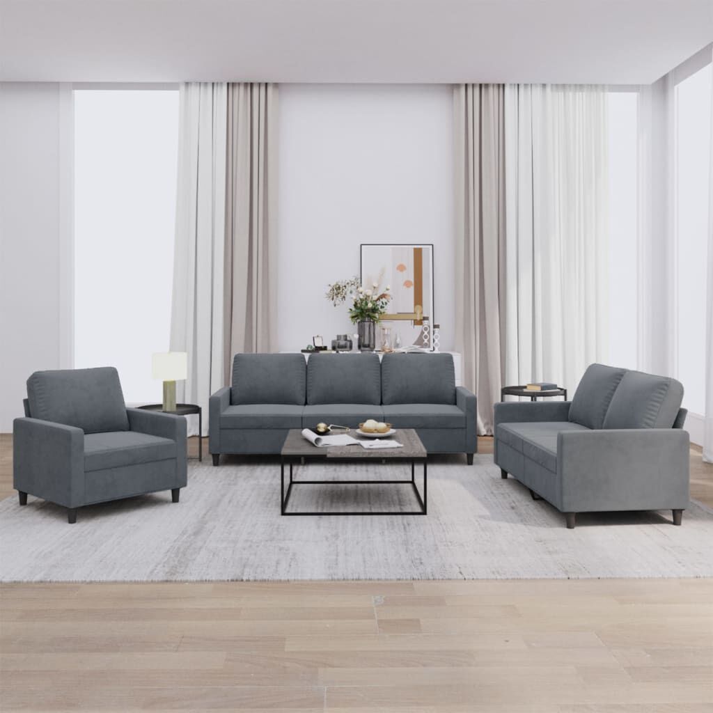 vidaXL 3 Piece Sofa Set with Cushions Dark Grey Velvet