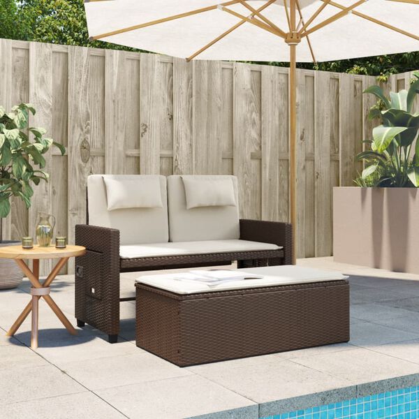 vidaXL Reclining Garden Bench with Cushions Brown Poly Rattan