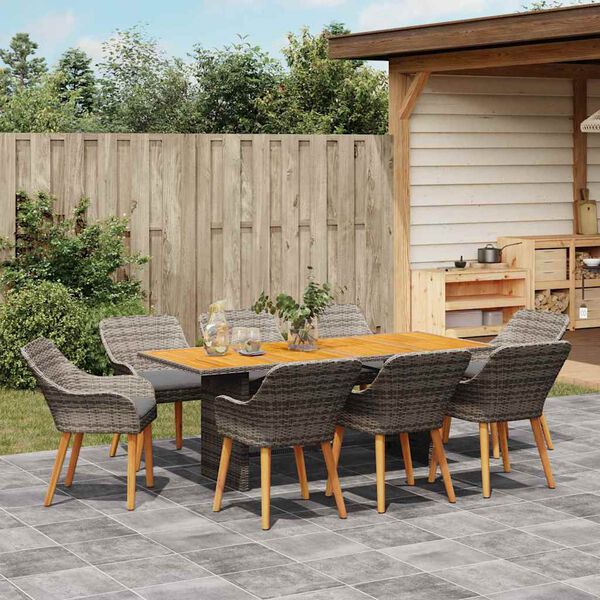 vidaXL Garden Dining Set with Cushion 9 pcs Grey and brown Poly Rattan
